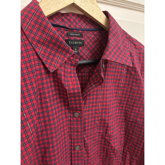 Talbots Women's Wrinkle Resistant Button Up Shirt Red Plaid Metallic Stripe Sz 8 - Picture 4 of 5